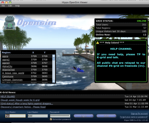 Login screen of the Hippo OpenSim Viewer